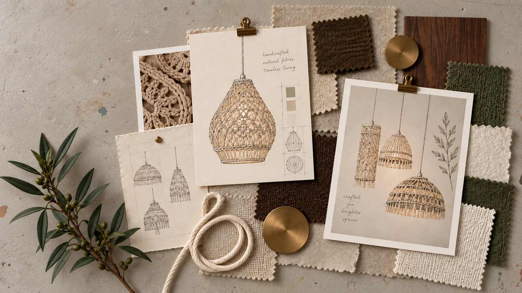 A design moodboard of pendant lamp sketches in crochet and macramé, with cord, fabric swatches, a timber sample and brass discs.