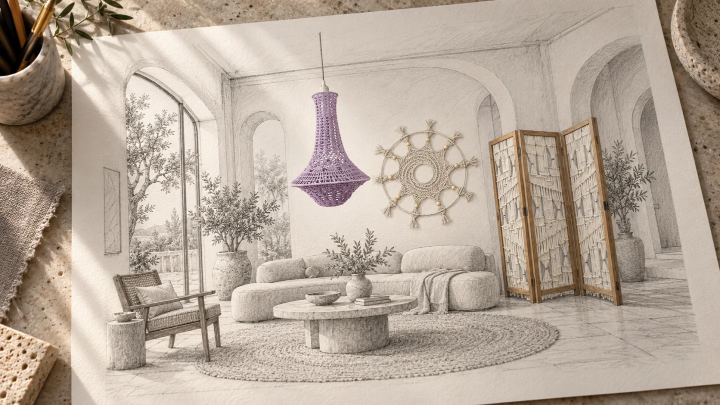 An interior concept sketch featuring a handmade pendant lamp, wall décor and room divider.