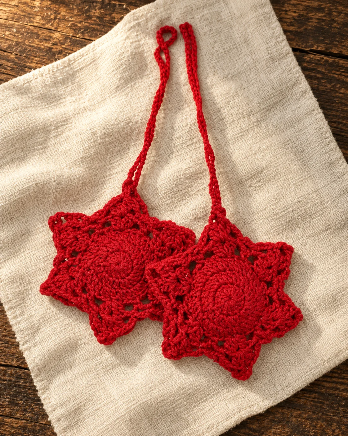 Red crochet star ornaments arranged as Christmas hanging décor.