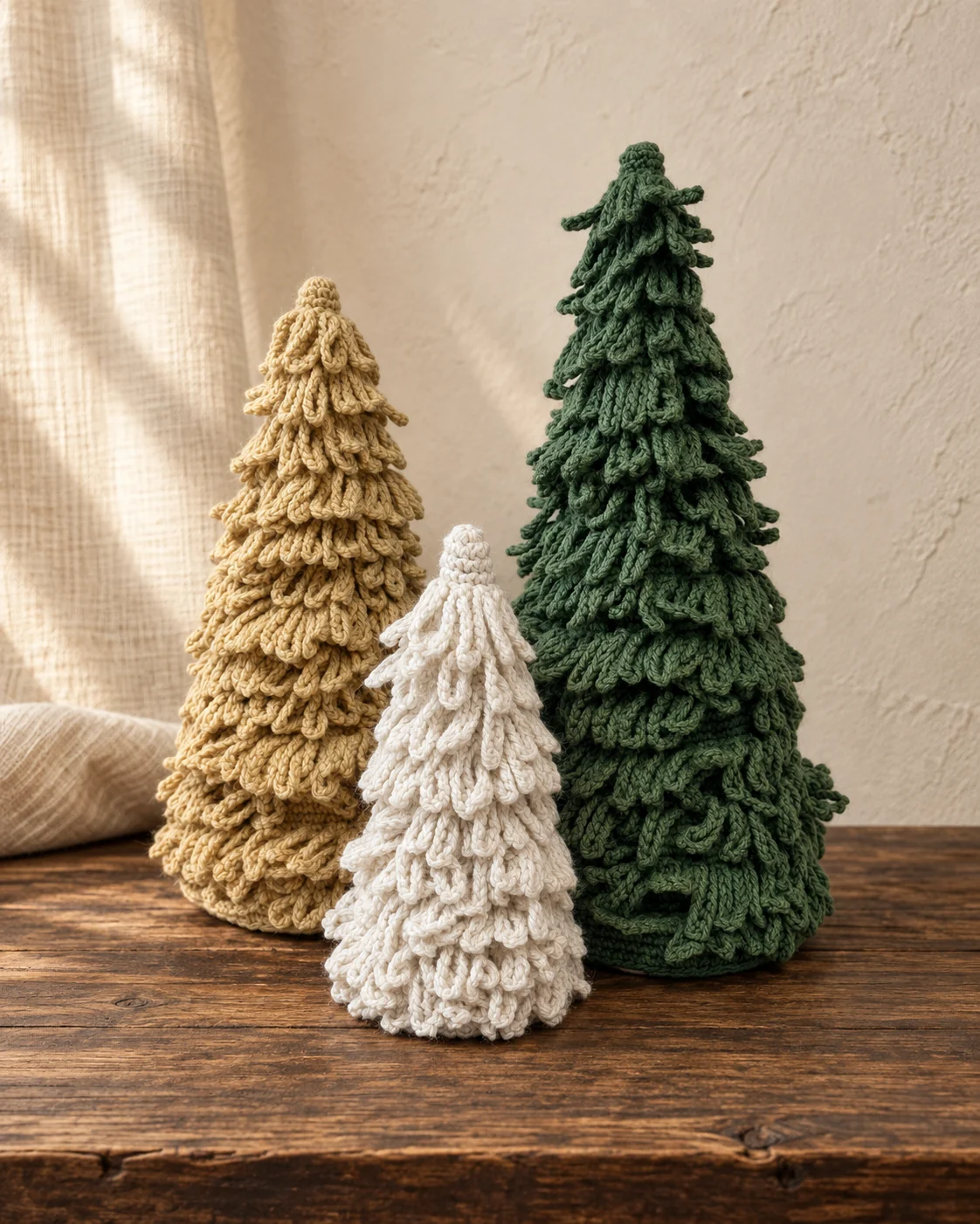 Three green and white crochet Christmas trees arranged together.