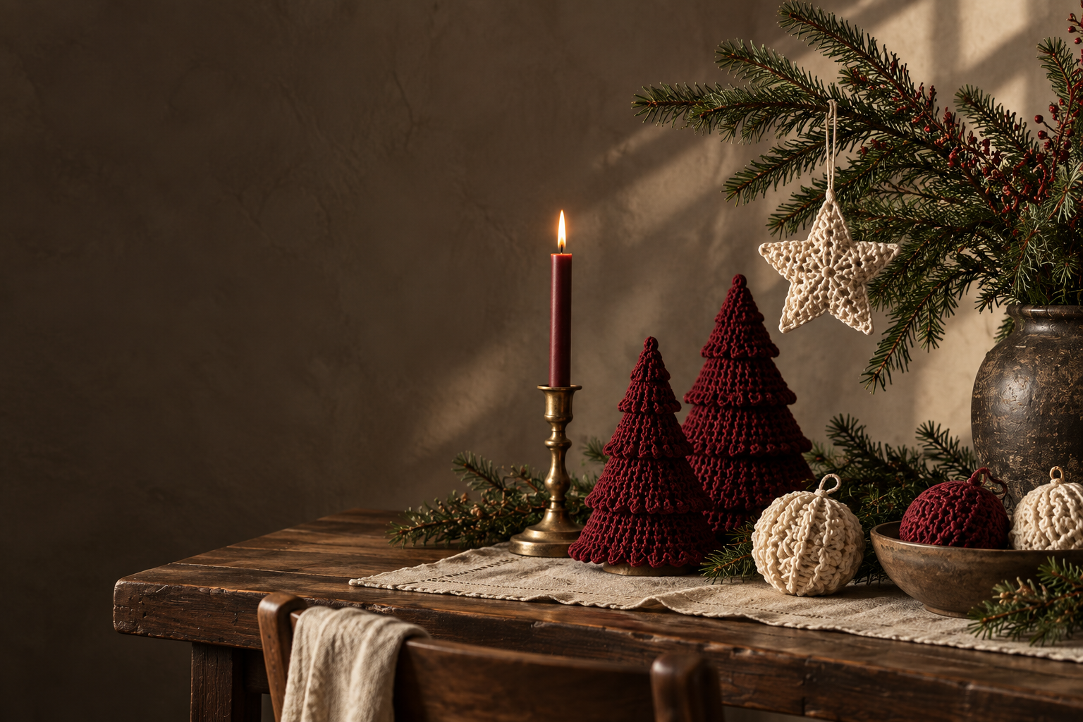 Handmade Christmas pieces arranged in a warm seasonal setting.