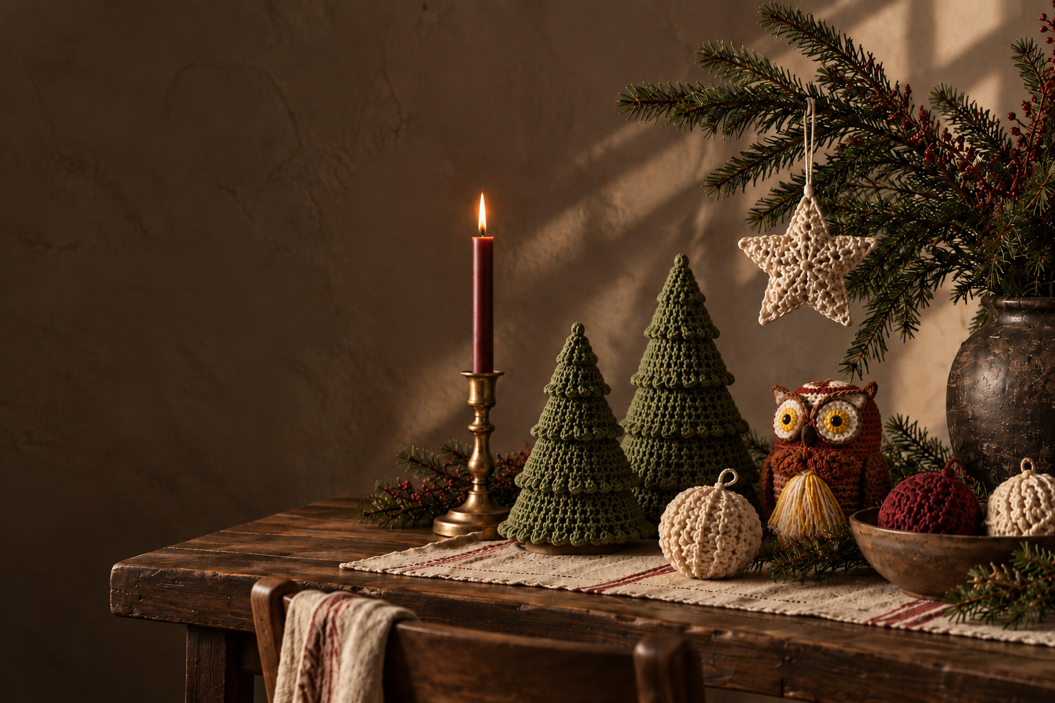 Two green crochet Christmas trees, a crochet owl, crochet baubles and a hanging crochet star on a wooden table beside a lit candle.