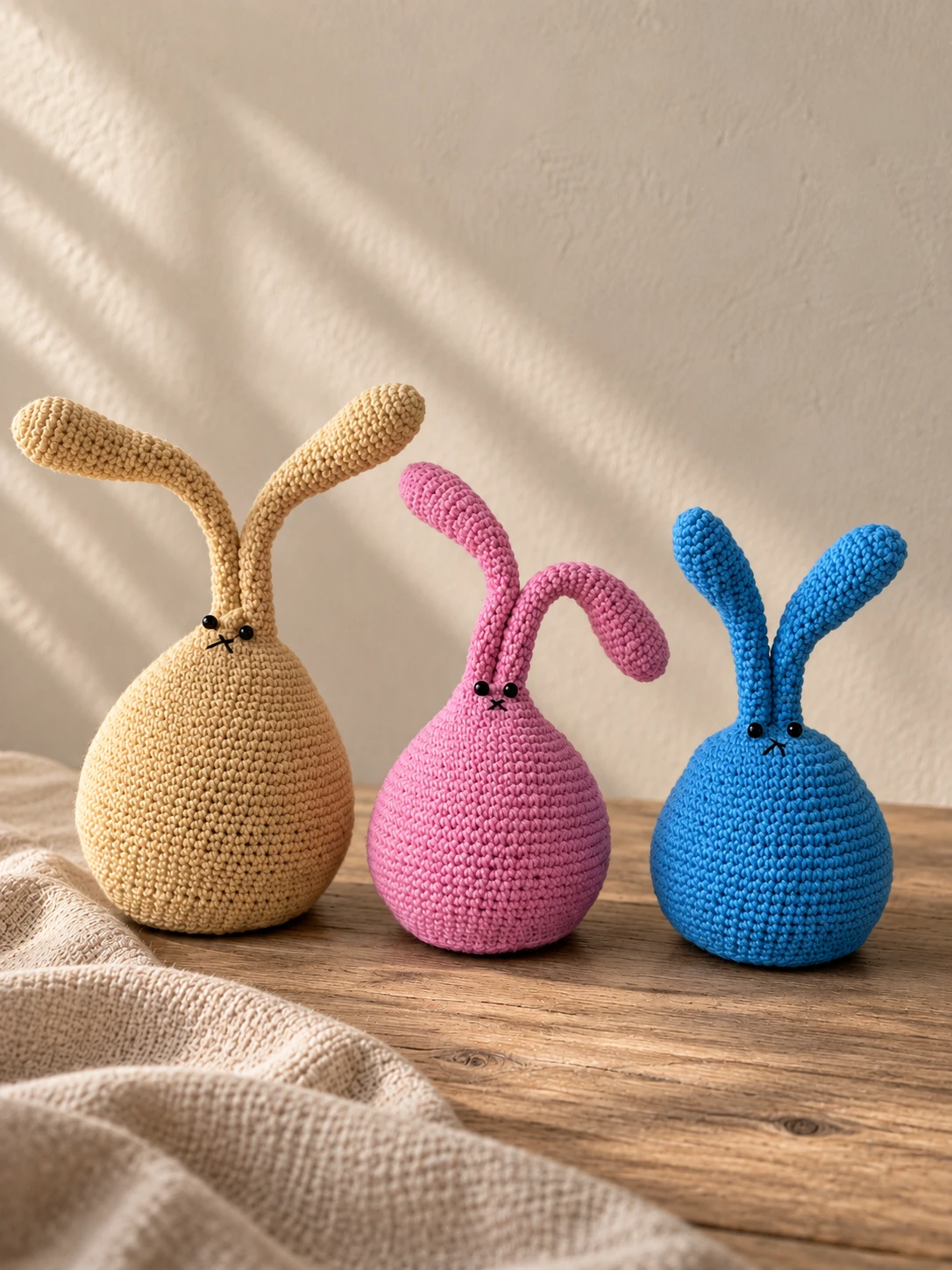 Three rounded crochet bunnies with long ears, in honey, pink and blue, on a wooden table.