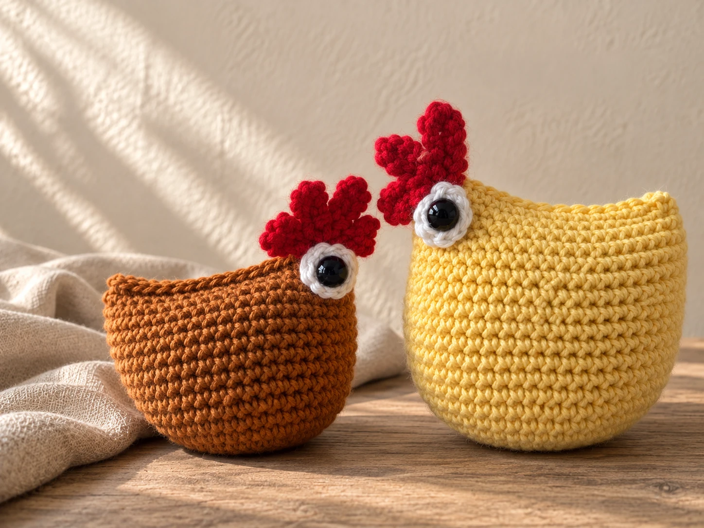 Two crochet hens, one russet and one yellow, with red combs and round eyes.