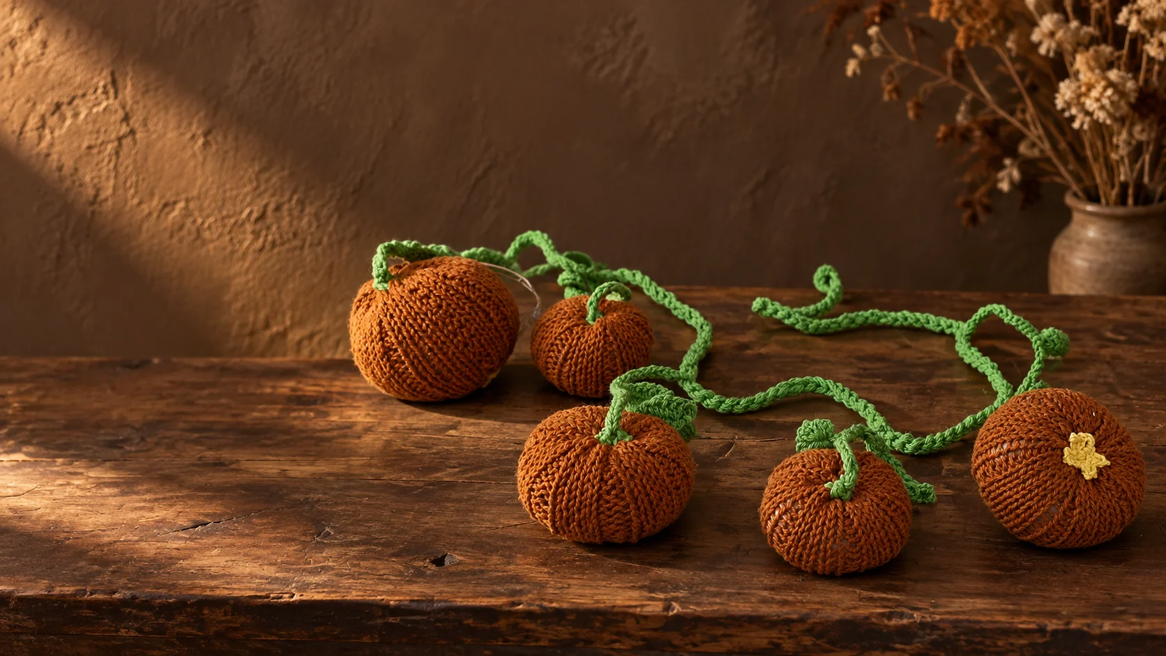 An orange crochet pumpkin garland in a dark Halloween setting.