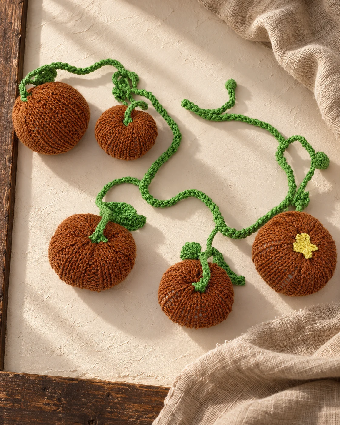 Orange crochet pumpkins joined together as a Halloween garland.