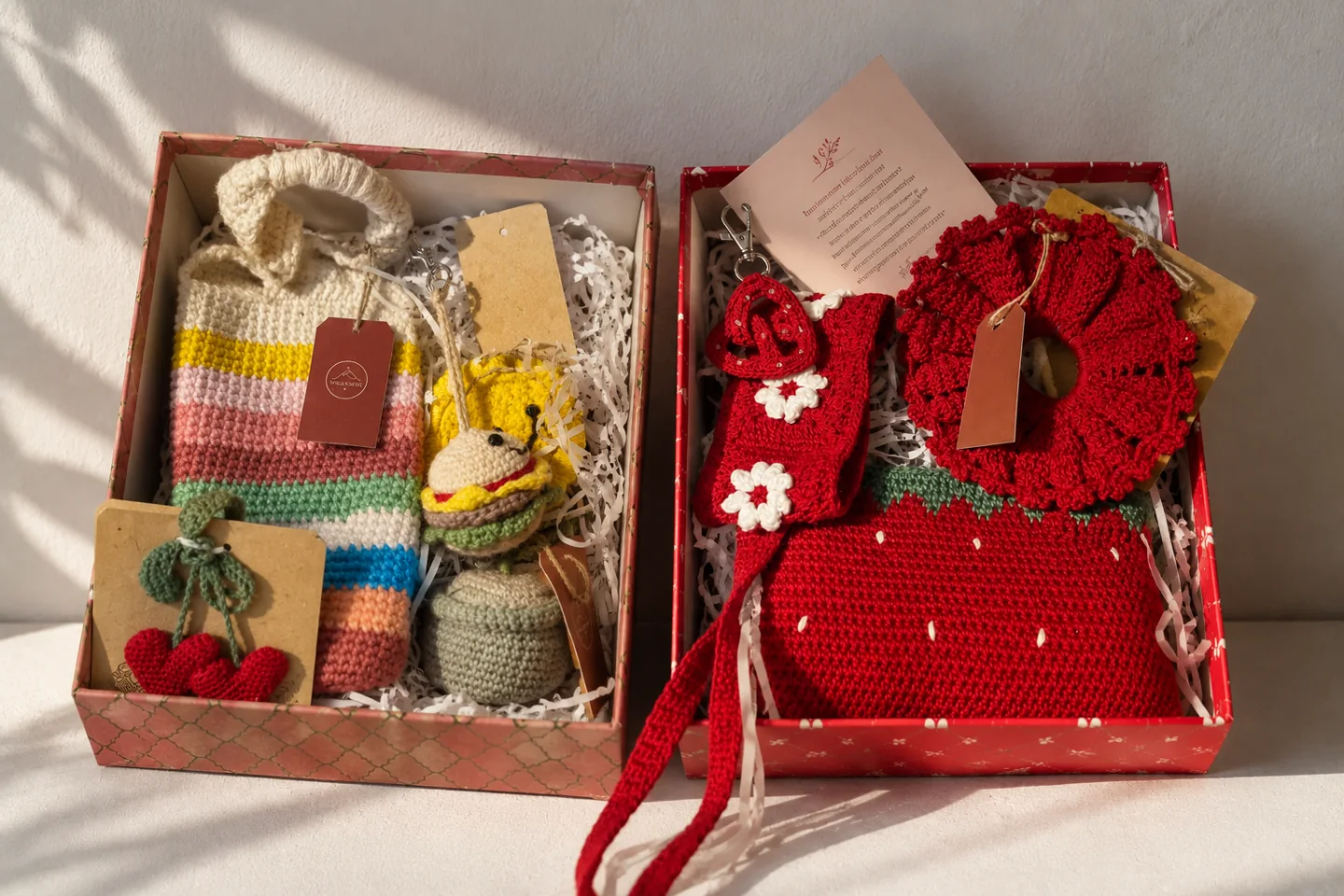A handmade crochet gift assortment arranged for a gifting brief.