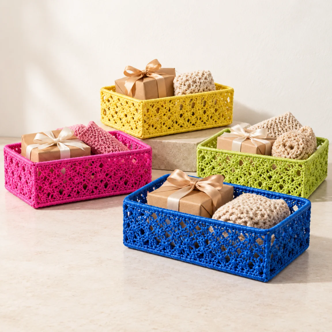 Colourful handmade crochet gift baskets and small accessories.