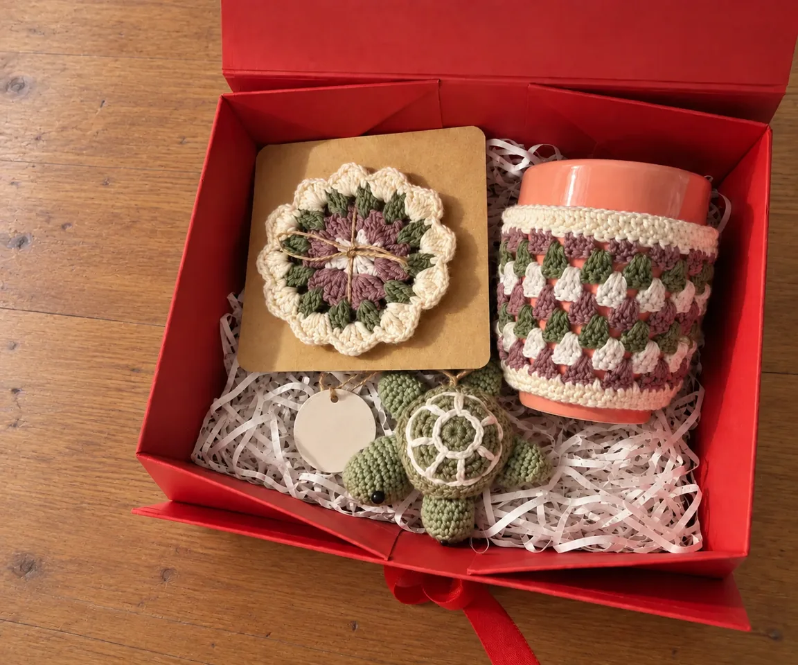 A red gift box filled with handmade crochet flowers and small accessories.