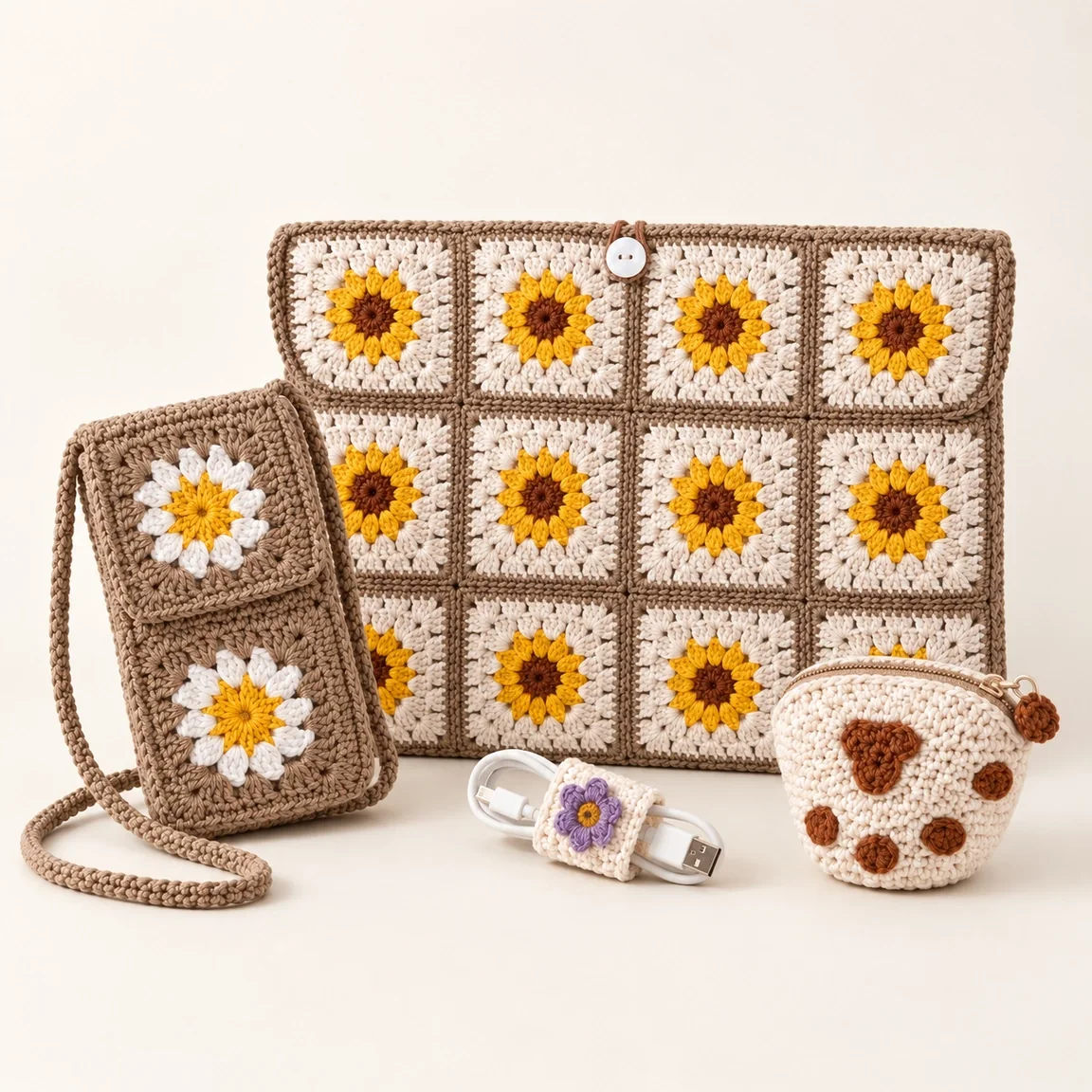 Sunflower-themed handmade crochet accessories arranged for gifting.