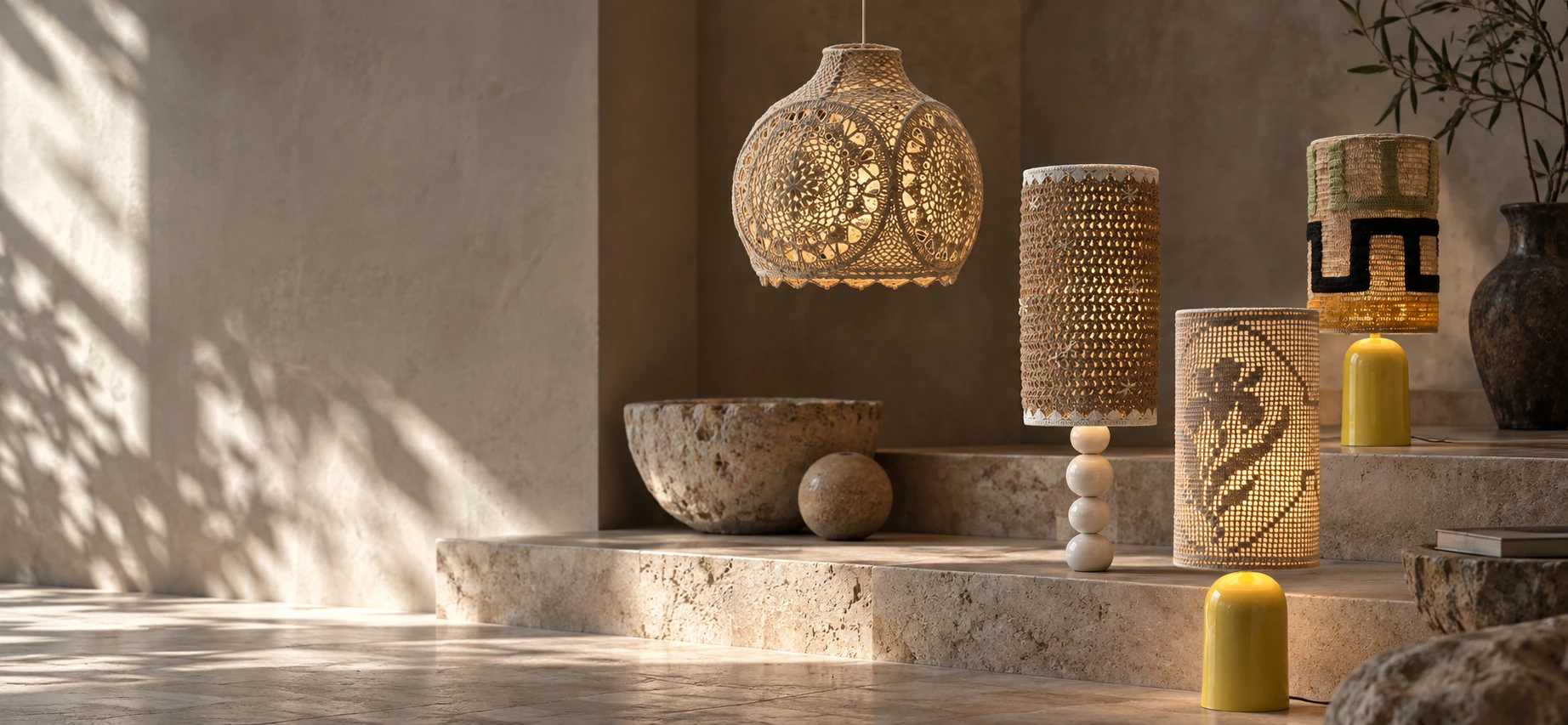 A crochet pendant lamp and three handcrafted table lamps, one on a cream bobble base and two on yellow bases, glowing on stone steps.