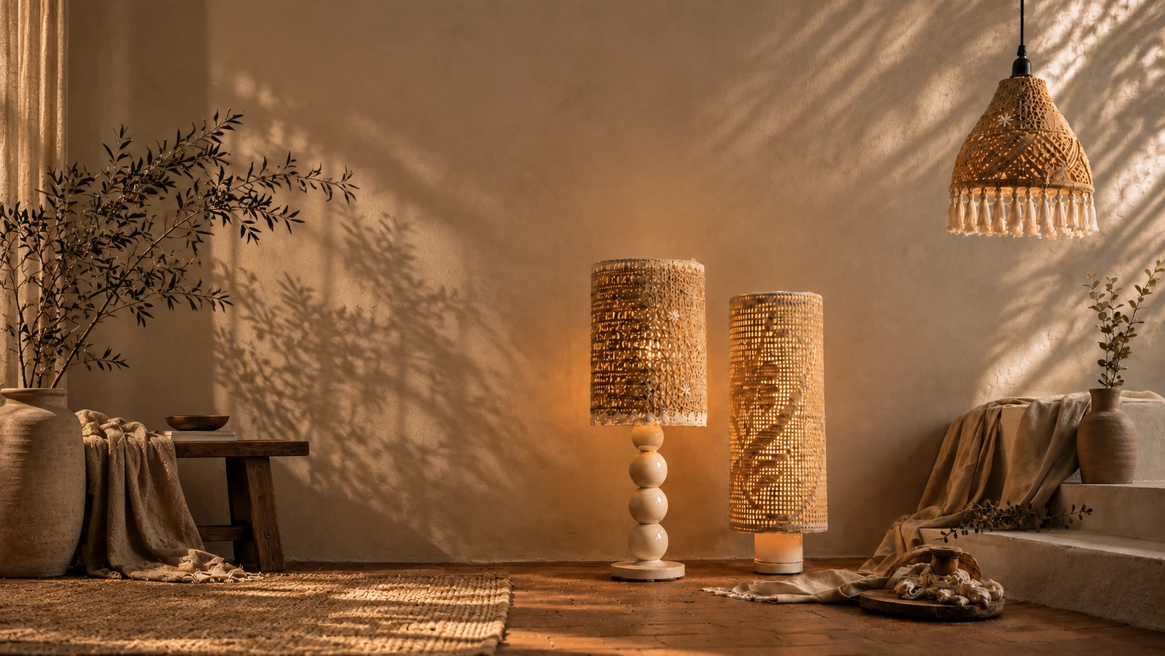 Crochet table lamps and a woven pendant lamp in a warm, sunlit room.