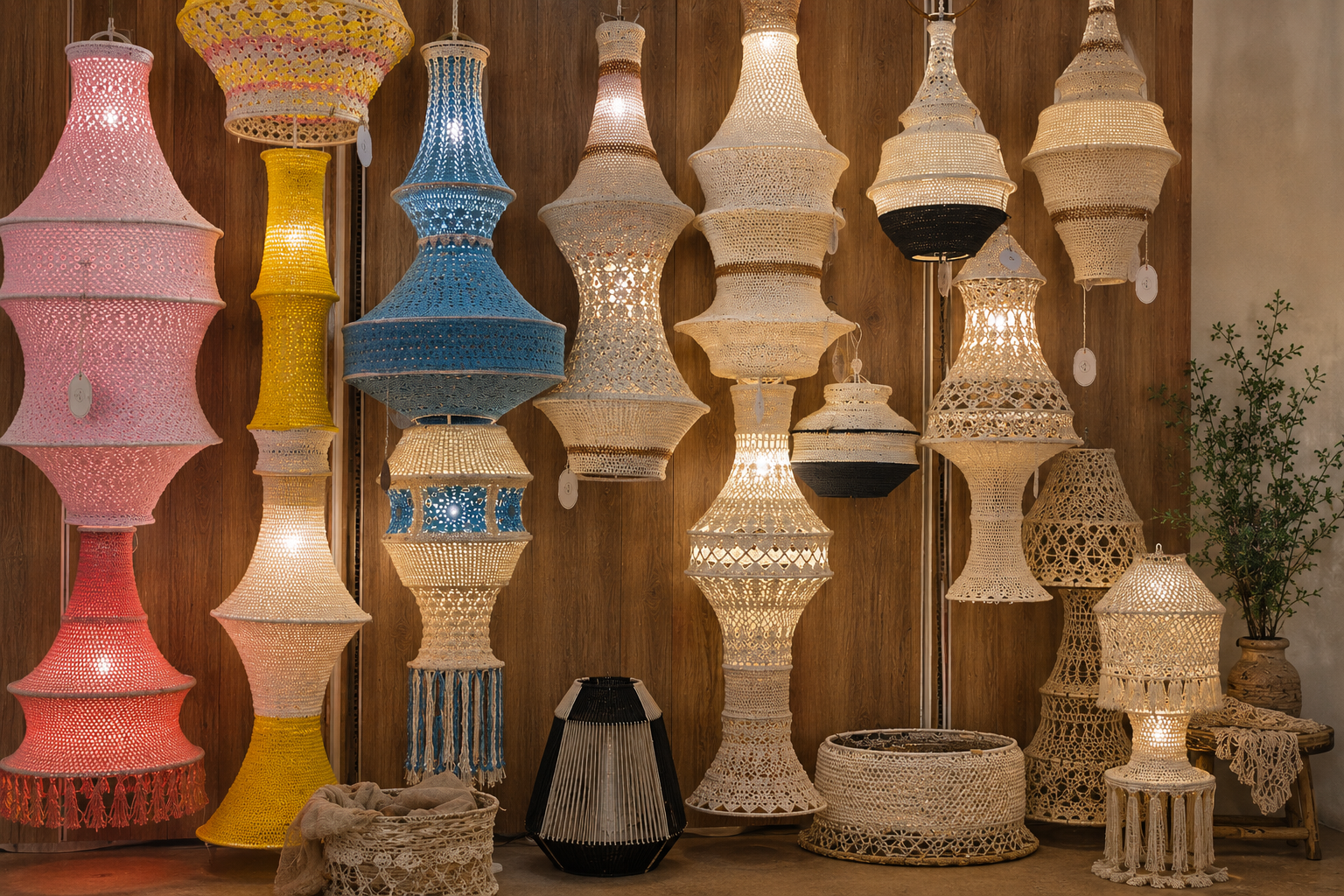 A display of Vera Verve crochet and macramé lighting.