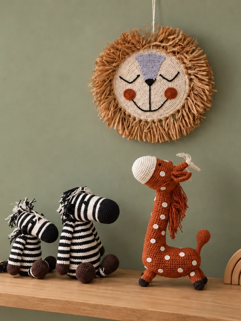 Crochet toys on a wooden shelf: two zebras and a giraffe, below a crochet lion wall hanging.