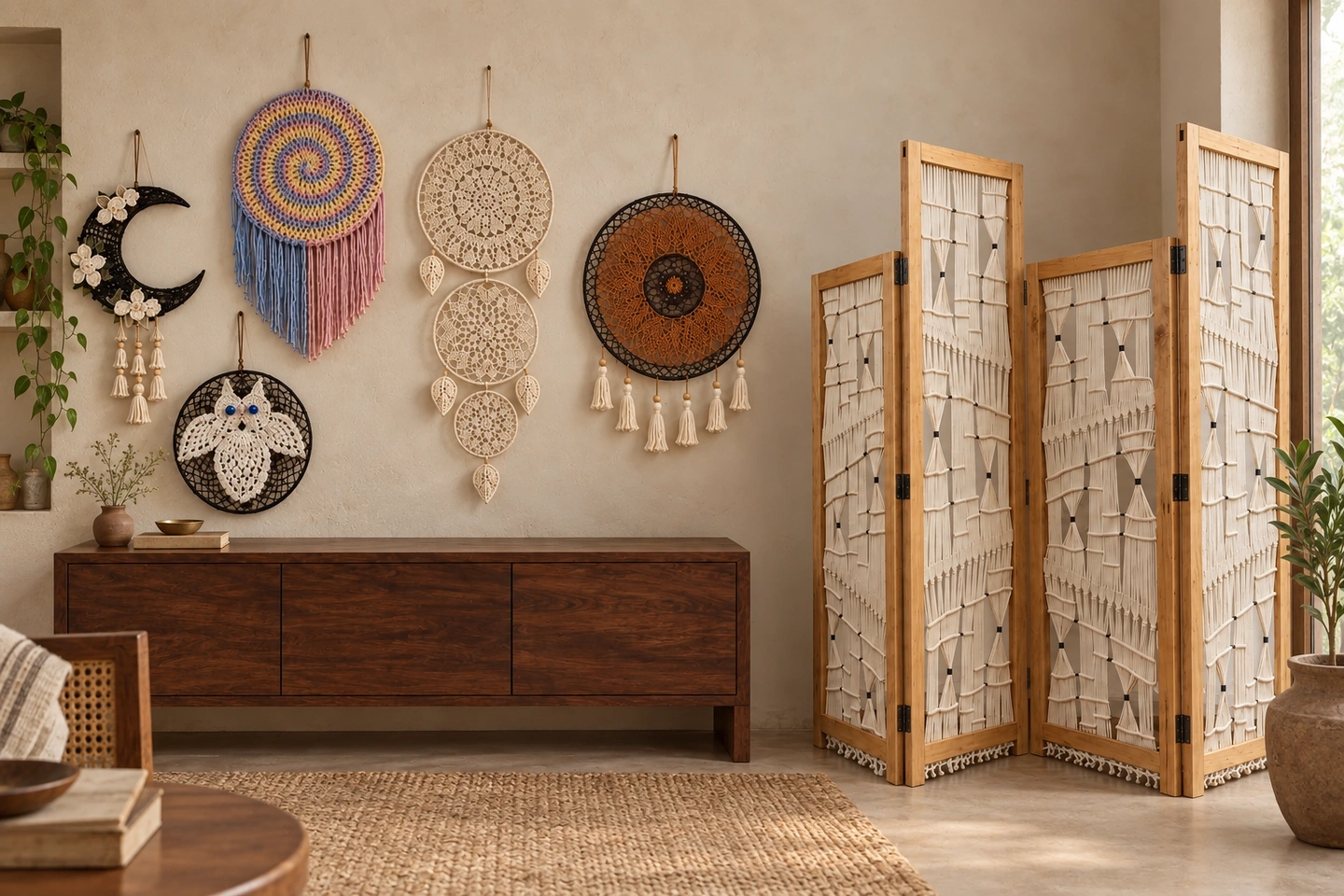 Five crochet and macramé wall hangings beside a four-panel macramé room divider
