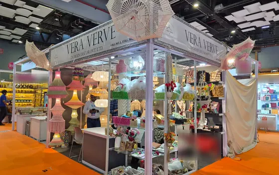 The Vera Verve corner stall at Gifts World Expo 2026, with crochet umbrellas, lamps and baskets.