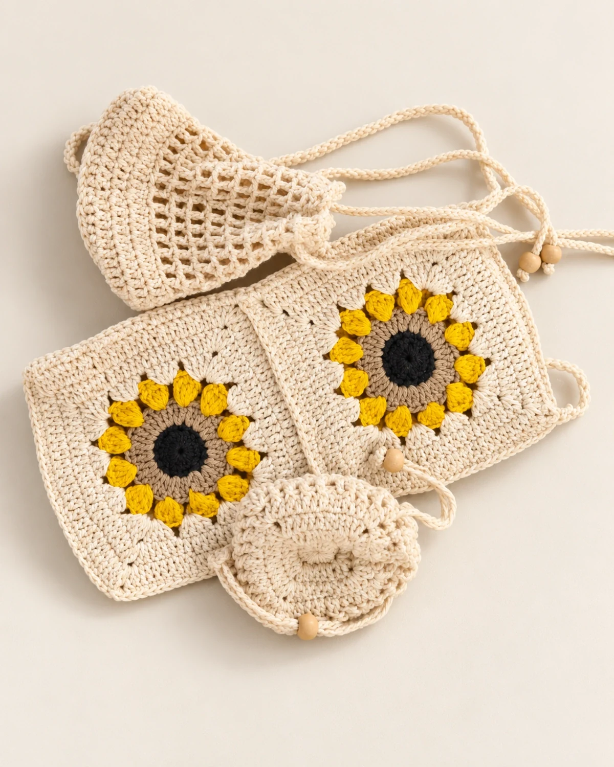 Crocheted pouches with sunflower motifs.