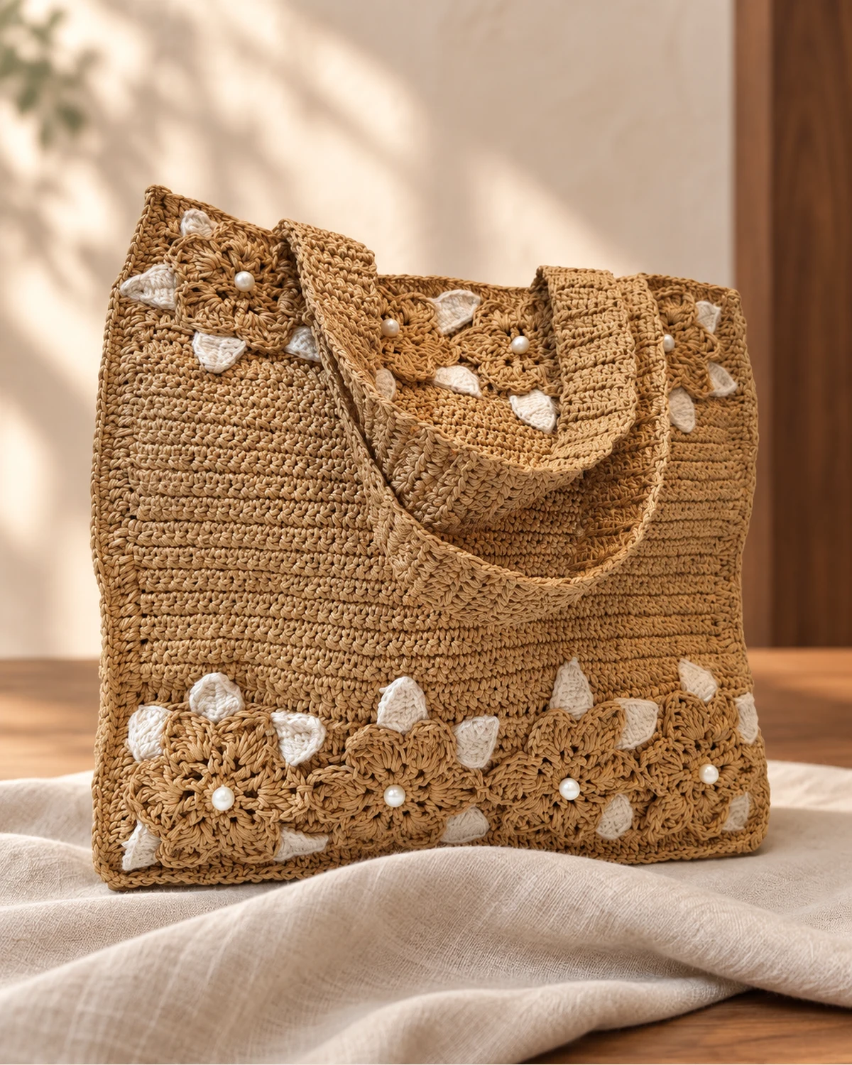 Tan crocheted tote with flower details and two handles.