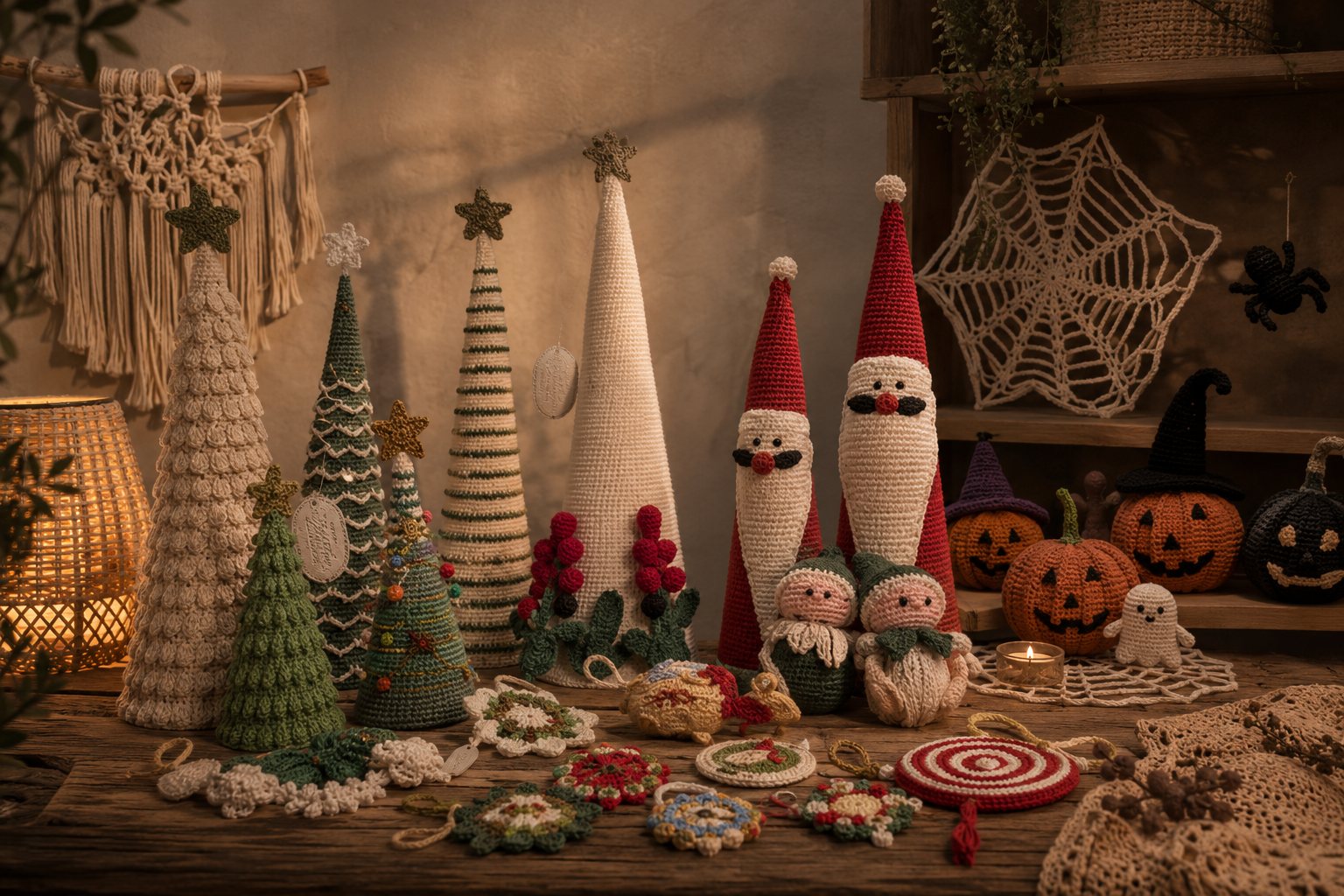 Crocheted Christmas trees, Santa figures and Halloween pieces arranged together on a table.