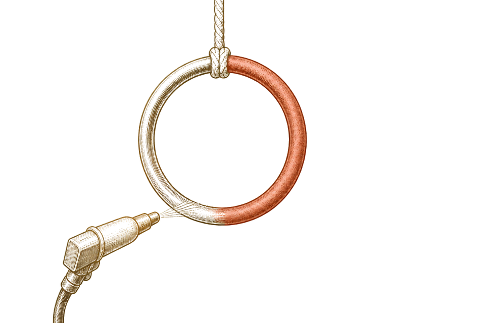 Illustration of a metal ring partly wrapped in cord, joined to a lamp cable.