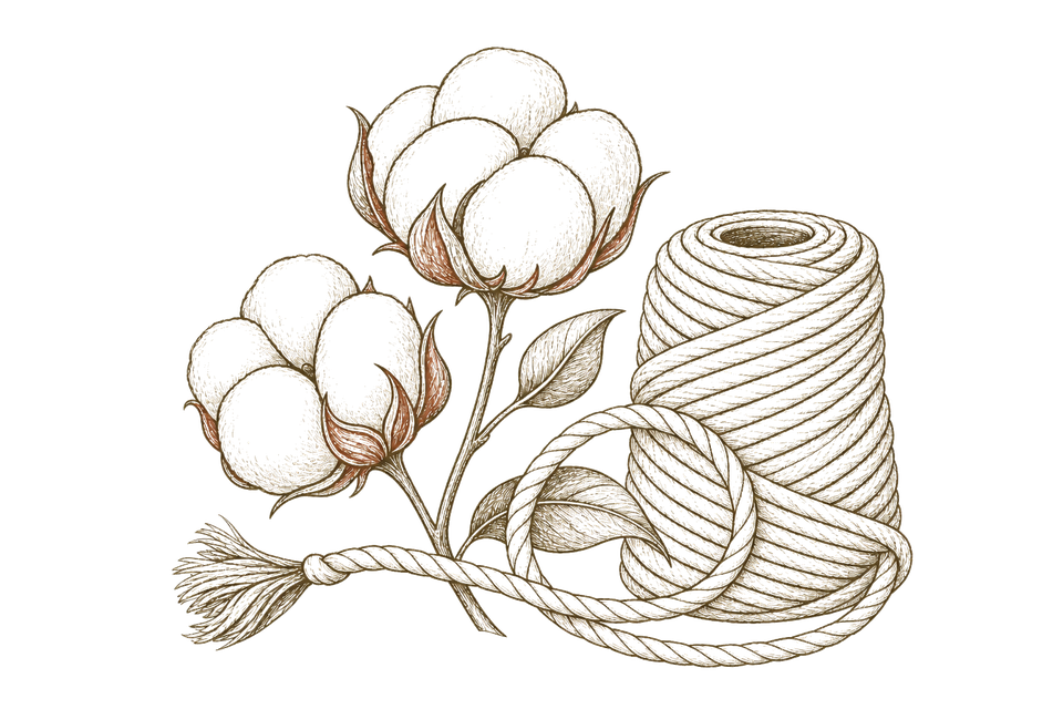 Illustration of a cotton plant beside a spool of cotton cord.